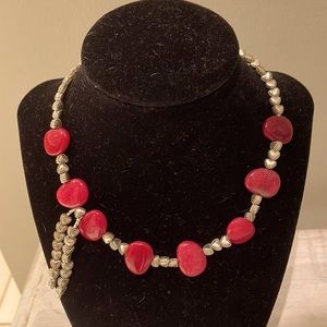 Precious handcrafted necklace with small hearts and red stones